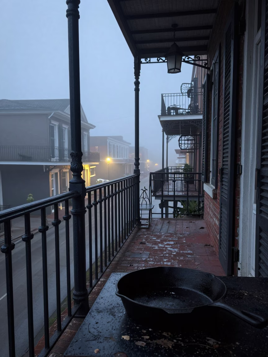 Pre-Dawn New Orleans Porch Scene with Cast Iron Skillet and Morning Light in in New Orleans, Louisiana, United States