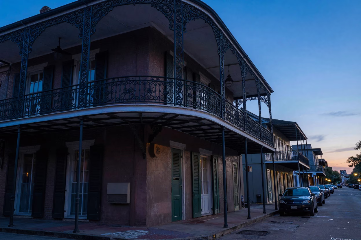 Pre-Dawn New Orleans Street Corner with Iron Balconies and Morning Coffee in in New Orleans, Louisiana, United States