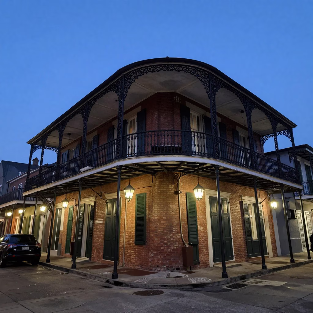 Pre-dawn New Orleans street corner with wrought iron balconies and early morning light in in New Orleans, Louisiana, United States