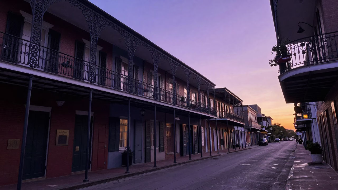 Pre-Dawn New Orleans Street Scene with Historic Iron Balconies and Quiet Urban Stillness in in New Orleans, Louisiana, United States