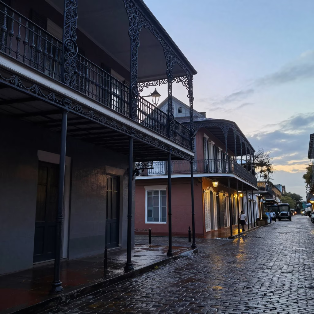 Pre-dawn New Orleans Street Scene with Iron Balconies and Morning Light in in New Orleans, Louisiana, United States
