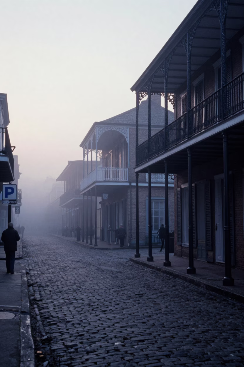 Pre-dawn New Orleans Street Scene with Iron Balconies and Morning Mist in in New Orleans, Louisiana, United States