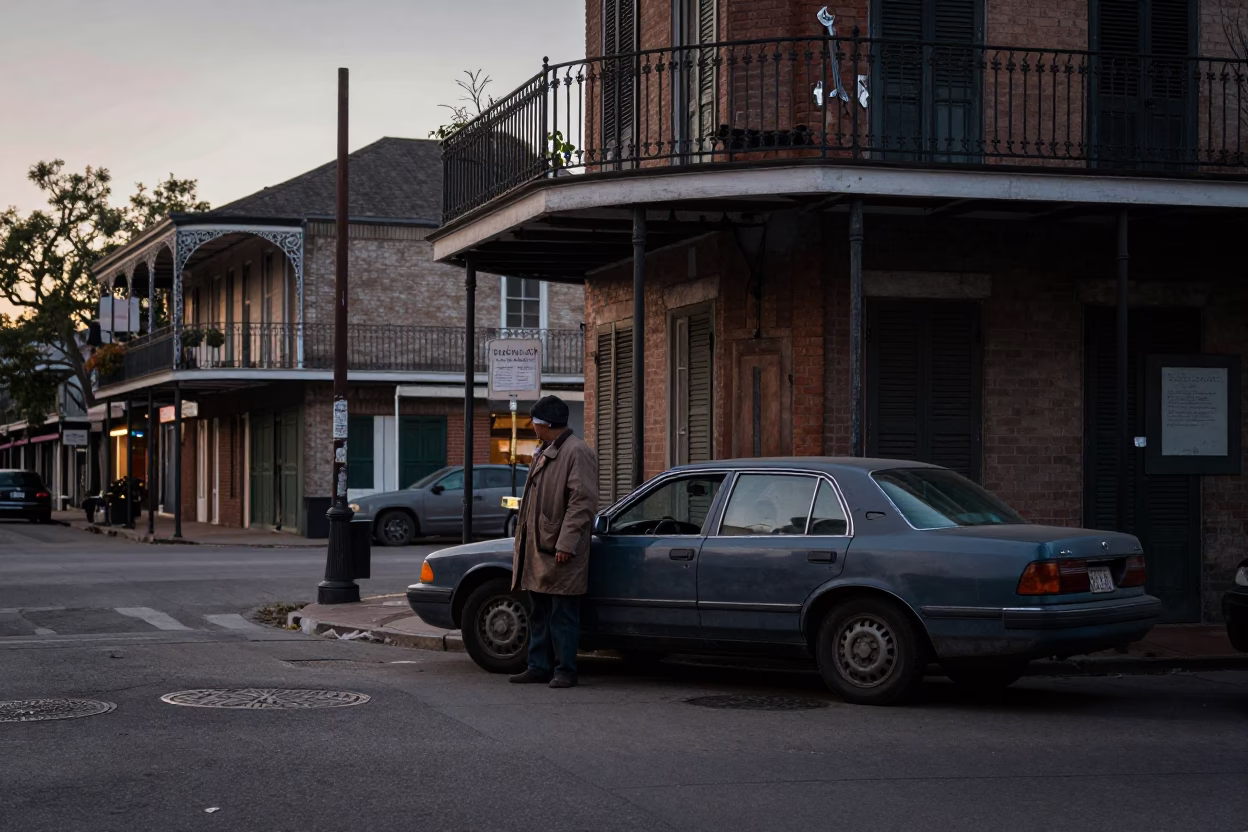 Pre-Dawn New Orleans Street Scene with Vintage Wrench and Recipe Tin in in New Orleans, Louisiana, United States