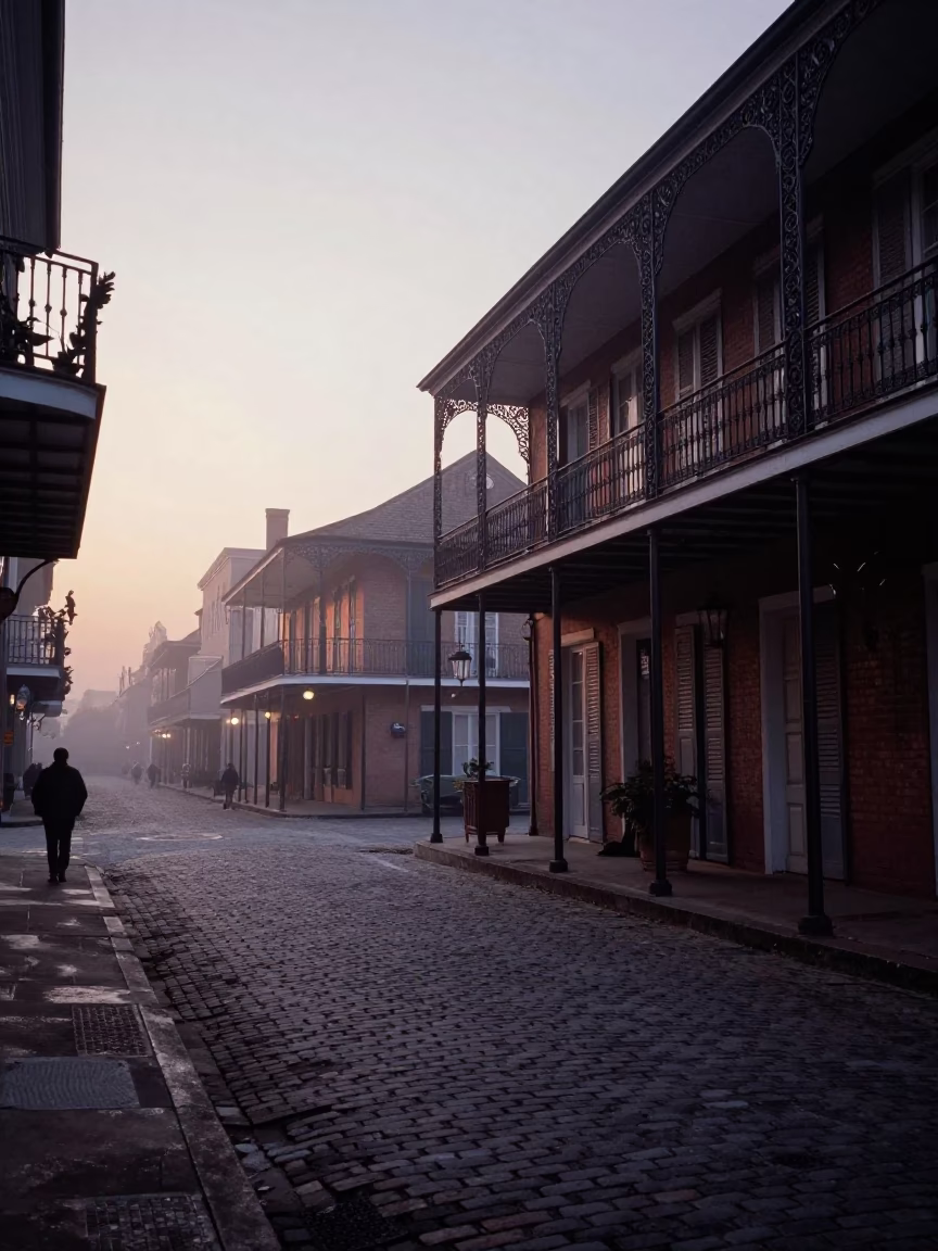 Pre-dawn New Orleans street scene with wrought iron balconies and misty riverfront atmosphere in in New Orleans, Louisiana, United States