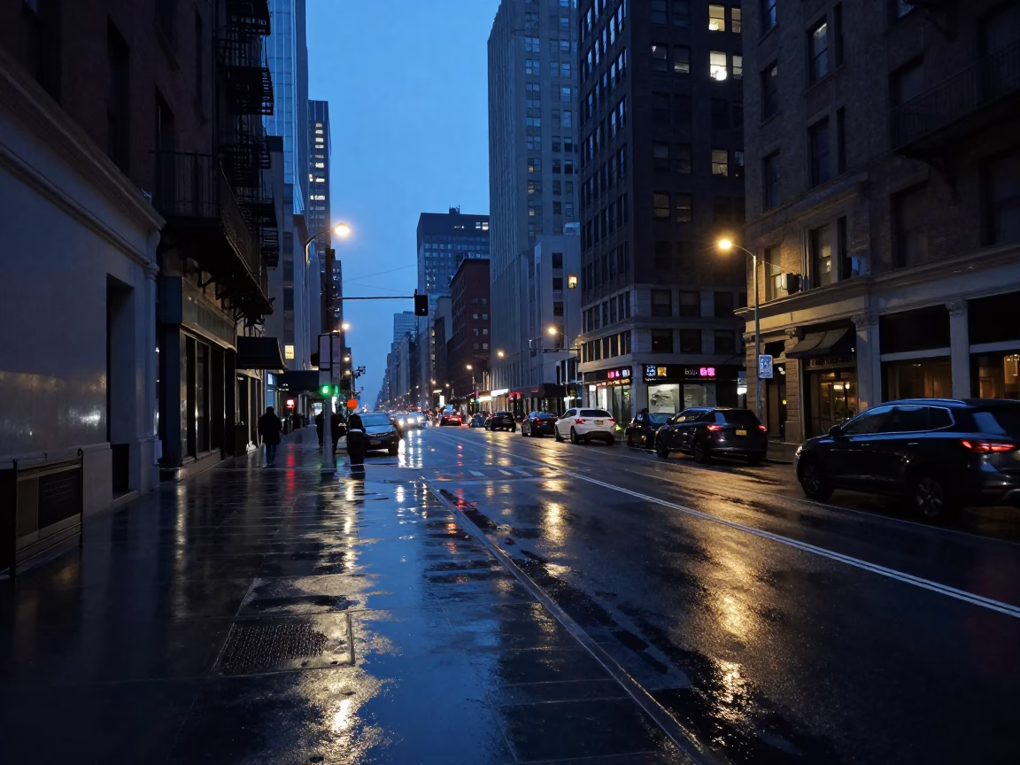 Pre-Dawn New York City Street Scene with Wet Pavement and Urban Architecture in in New York, New York, United States