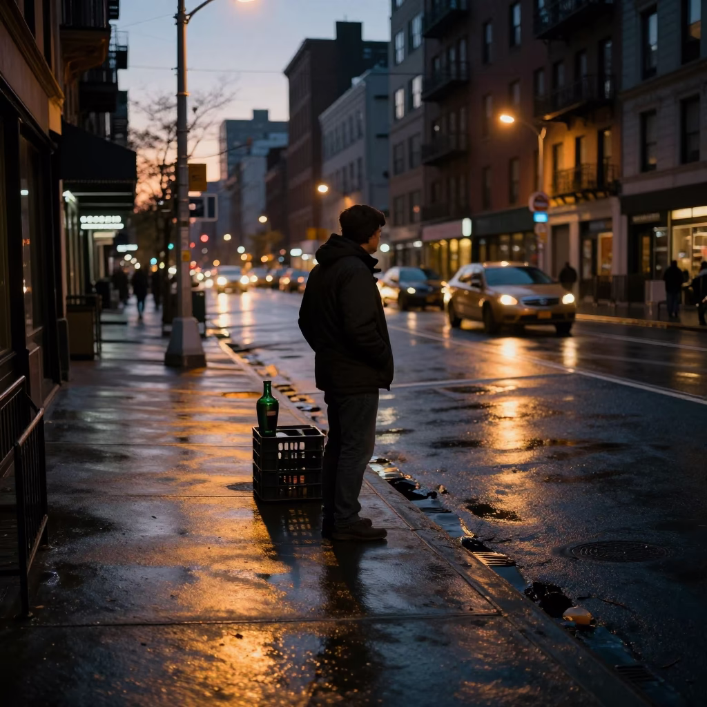 Pre-dawn New York Street Scene with Crate and Drinking Vessel in in New York, New York, United States