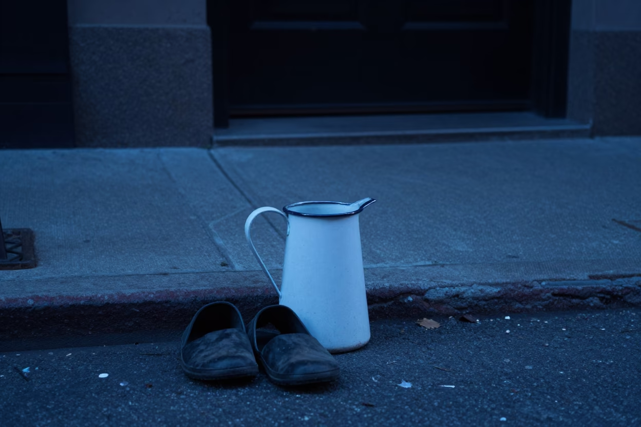 Pre-dawn New York Street Scene with Enamel Pitcher and Slippers on Concrete Sidewalk in in New York, New York, United States