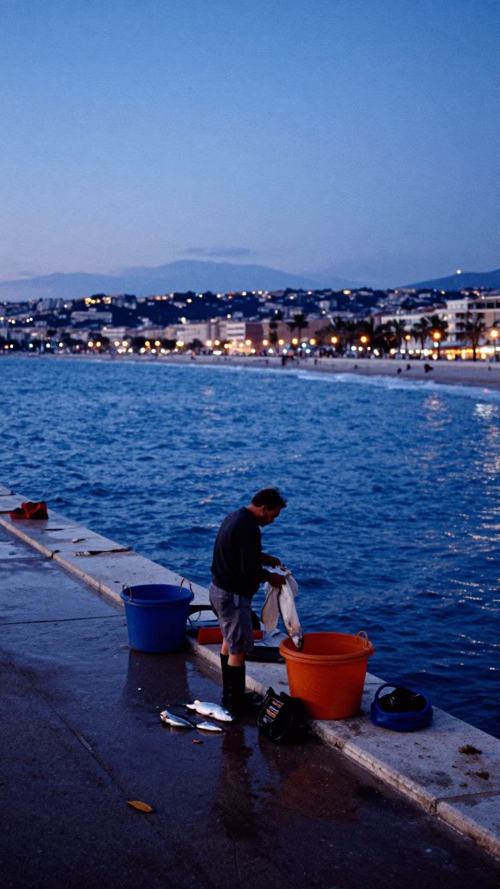 Pre-dawn Nice France street scene with fisherman cleaning catch on dock in in Nice, France