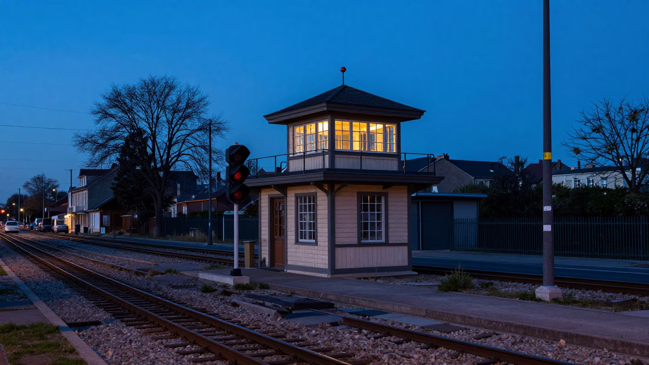 Pre-Dawn Nice France Street Scene with Railway Signal Cabin and Dawn Light in in Nice, France