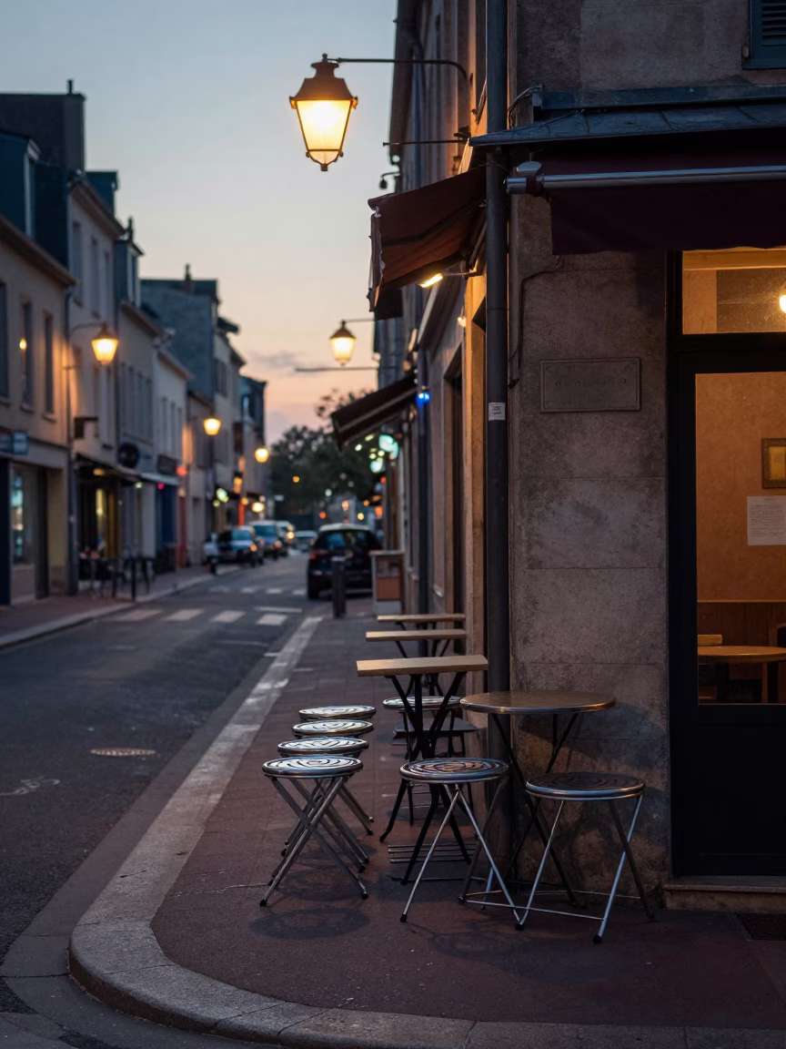 Pre-Dawn Nice Street Scene with Folding Stools and Cafe Living Wall Succulents in in Nice, France