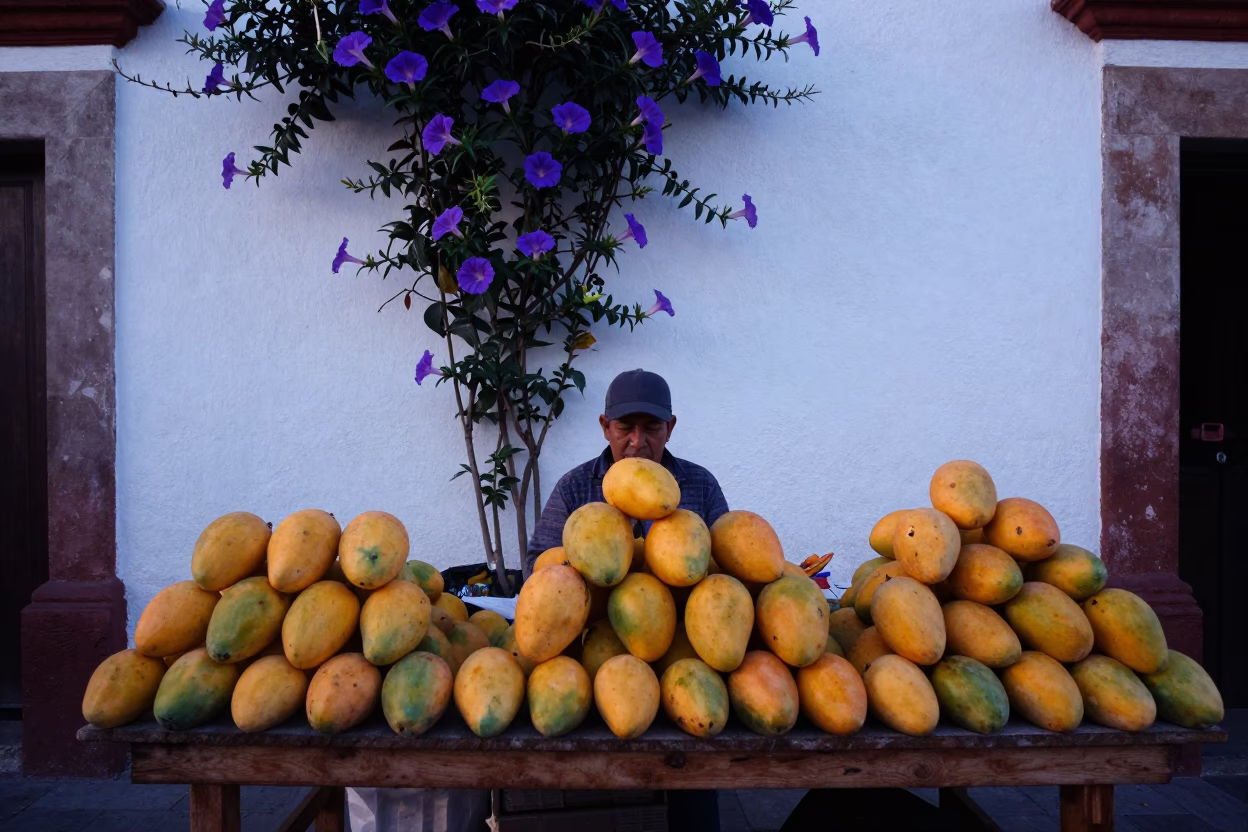 Pre-dawn Oaxaca Market Stall with Mangoes and Morning Glory Fence in in Oaxaca, Mexico
