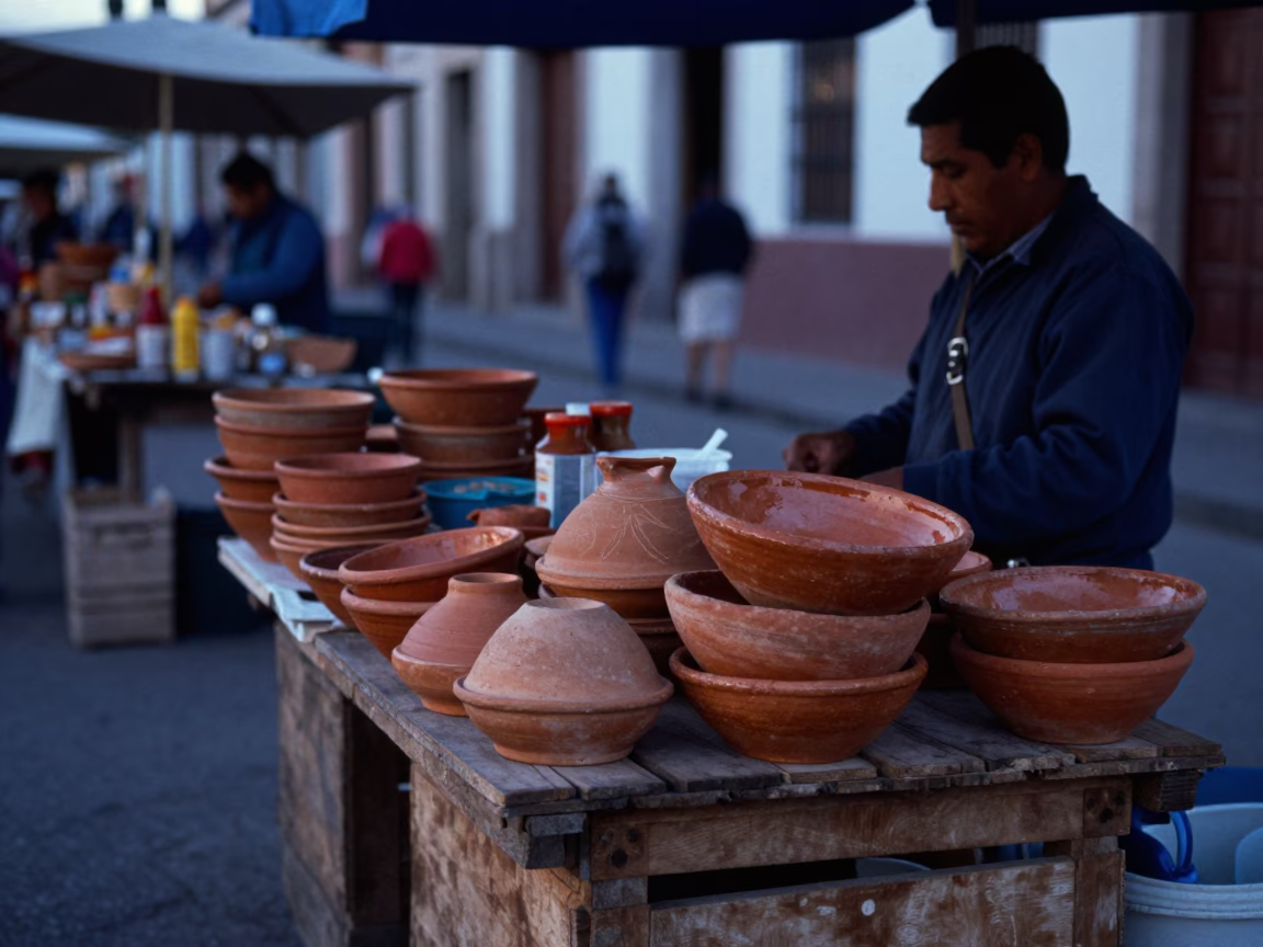 Pre-dawn Oaxaca Market Stall with Terracotta Bowls and Local Produce in in Oaxaca, Mexico