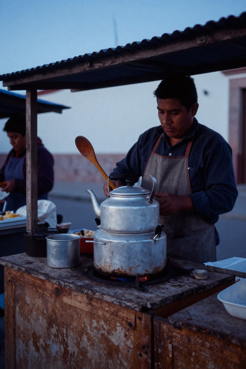 Pre-Dawn Oaxaca Market Stall with Wooden Spoon and Kettle in in Oaxaca, Mexico