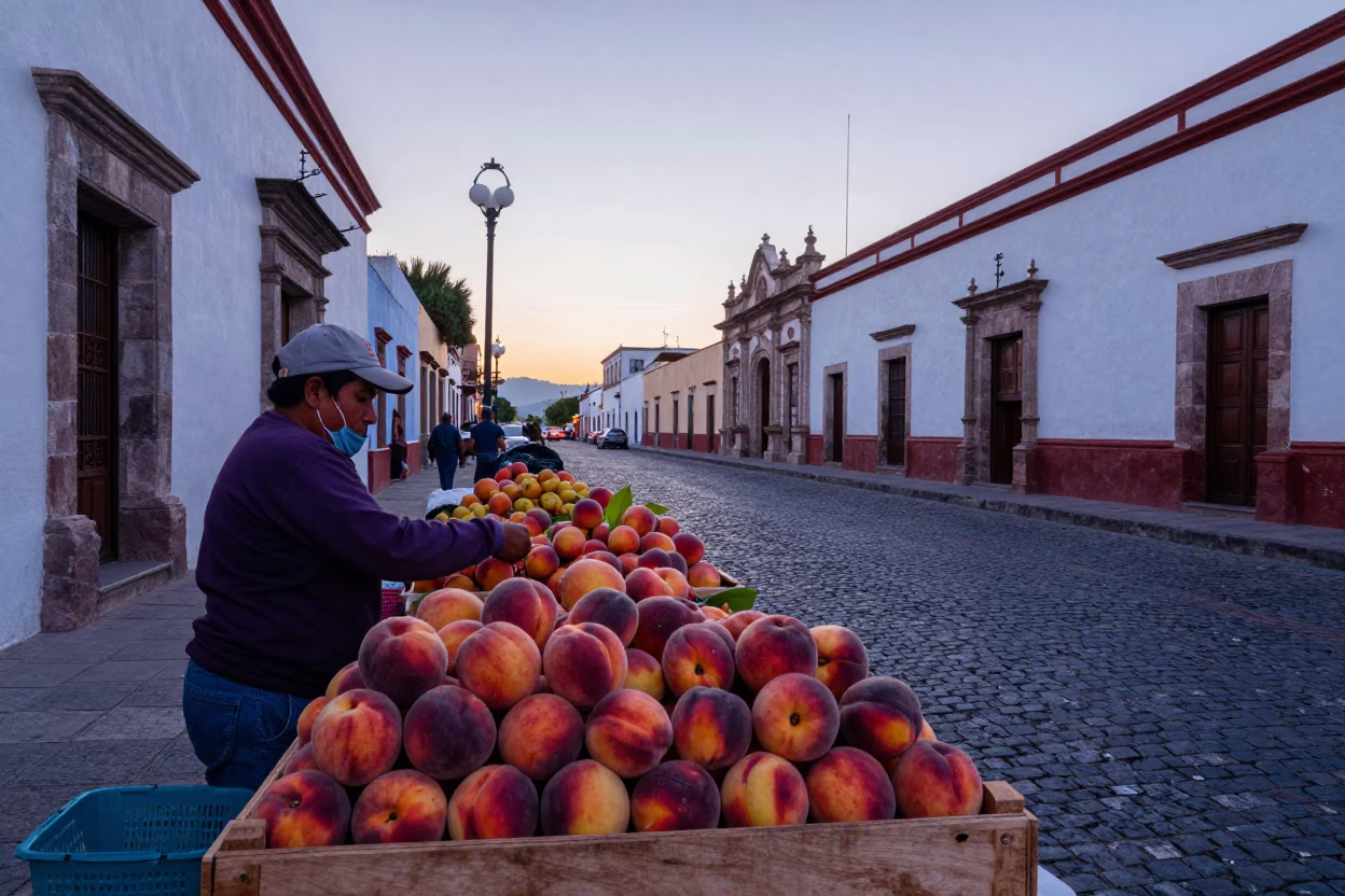 Pre-Dawn Oaxaca Market Street Scene with Peaches and Local Commerce in in Oaxaca, Mexico