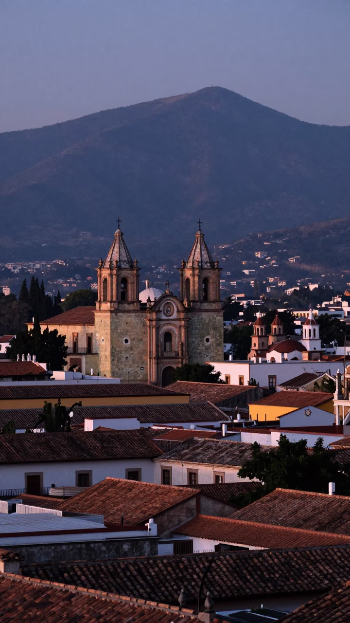 Pre-dawn Oaxaca Mexico Landscape View of Colonial Architecture and Mountain Horizon in in Oaxaca, Mexico