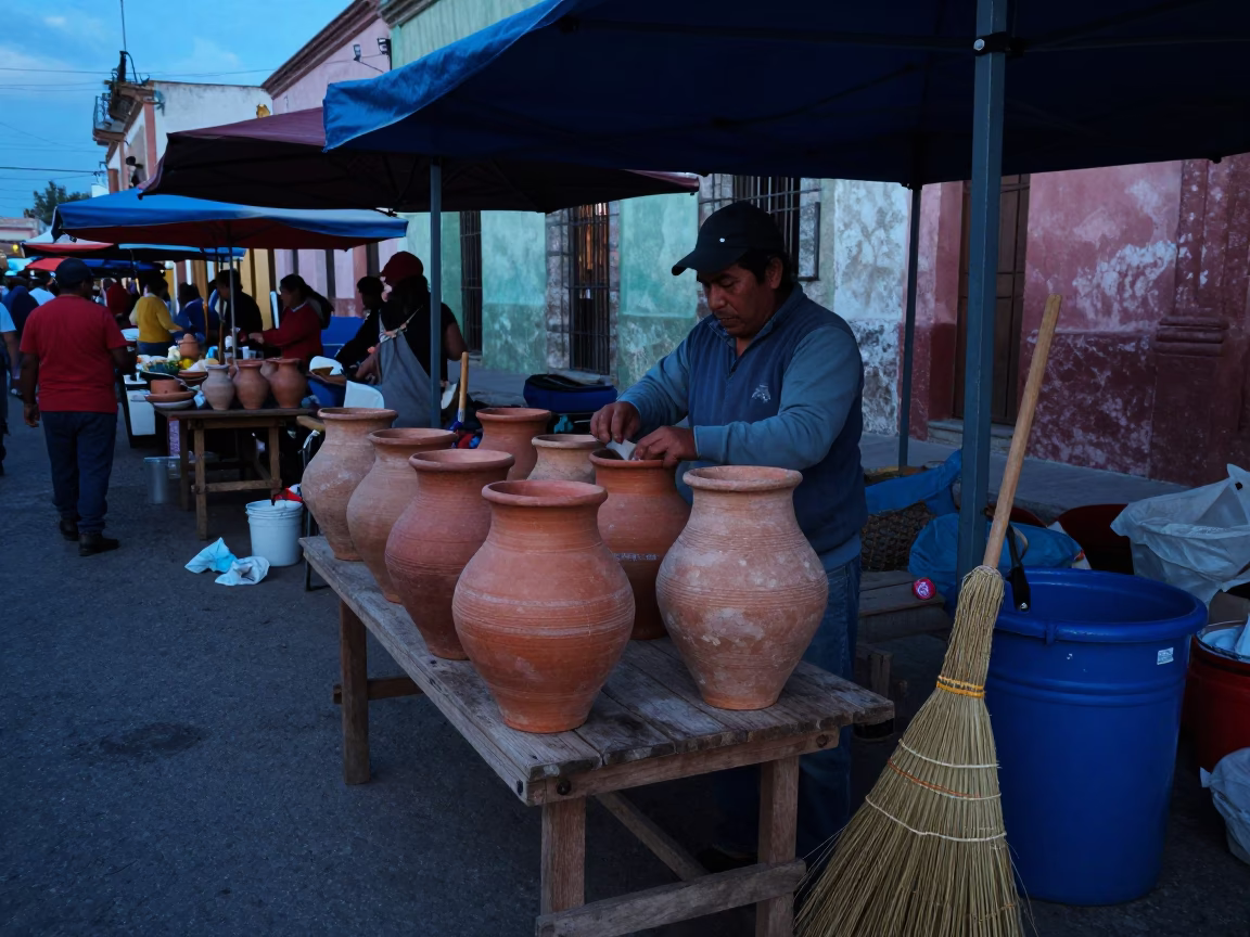 Pre-Dawn Oaxaca Street Market Preparation with Stoneware Crocks and Broom in in Oaxaca, Mexico