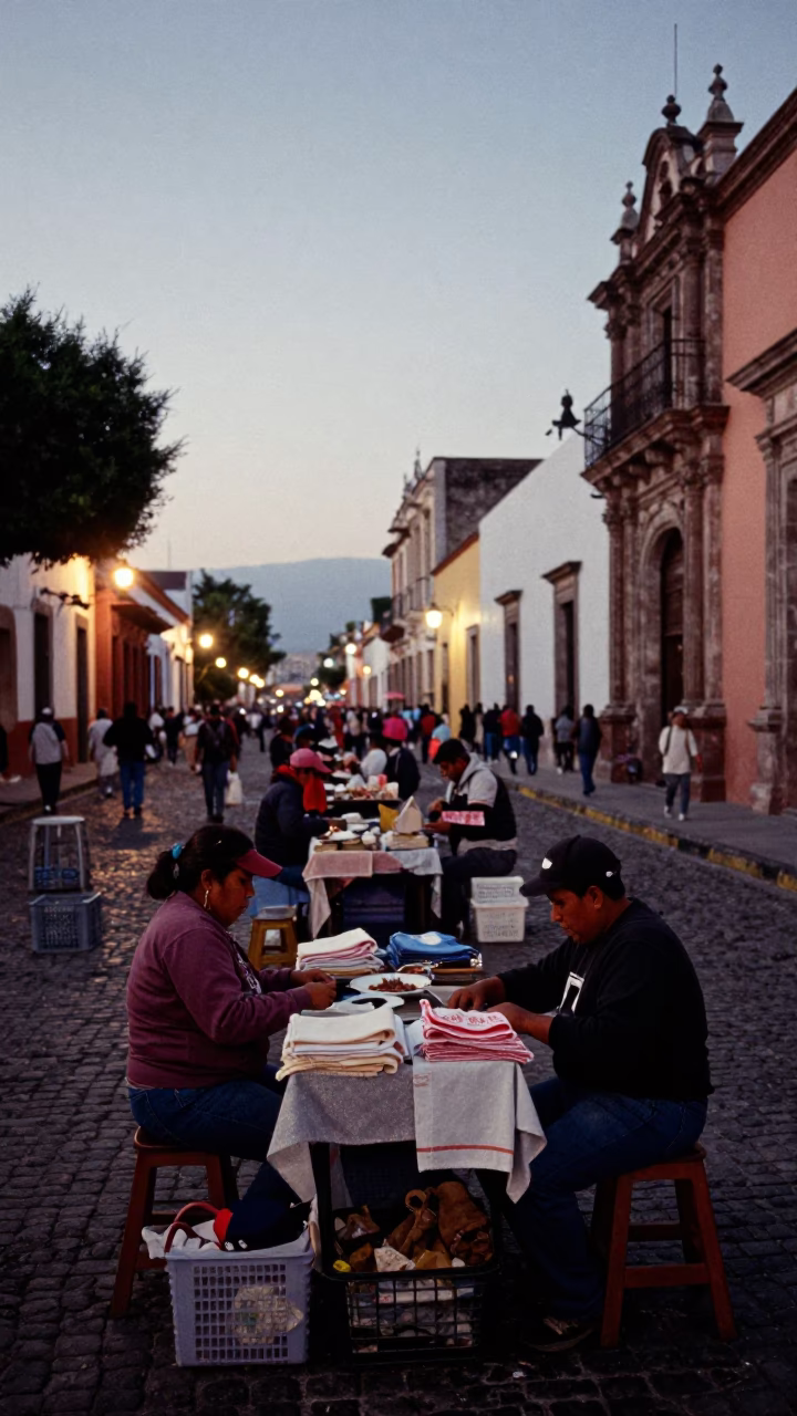 Pre-Dawn Oaxaca Street Market Setup with Hand Towels and Fruit Bowl in in Oaxaca, Mexico