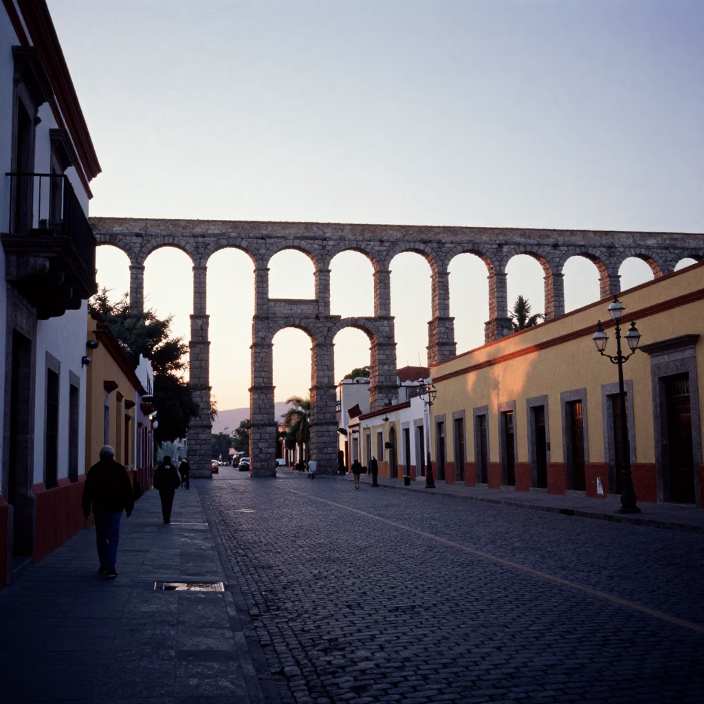 Pre-dawn Oaxaca Street Scene with Aqueduct Arcade and Local Morning Commerce in in Oaxaca, Mexico