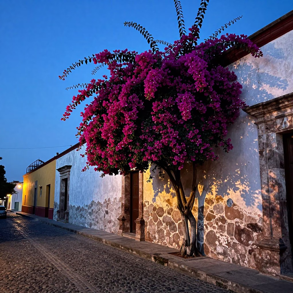 Pre-Dawn Oaxaca Street Scene with Bougainvillea and Stone Architecture in in Oaxaca, Mexico