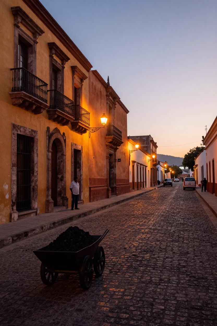 Pre-dawn Oaxaca Street Scene with Coal Scuttle and Local Market Activity in in Oaxaca, Mexico