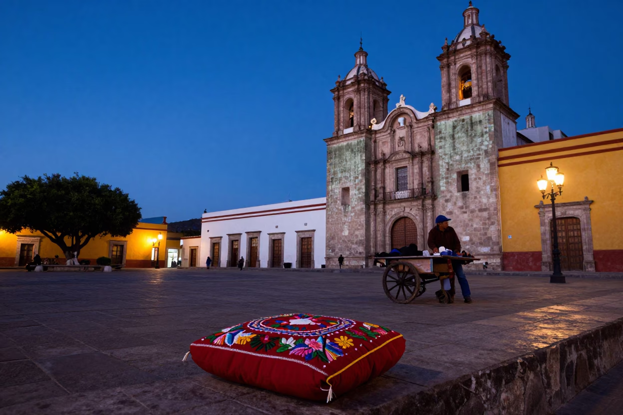 Pre-dawn Oaxaca Street Scene with Embroidered Cushion and Lantern Light in in Oaxaca, Mexico