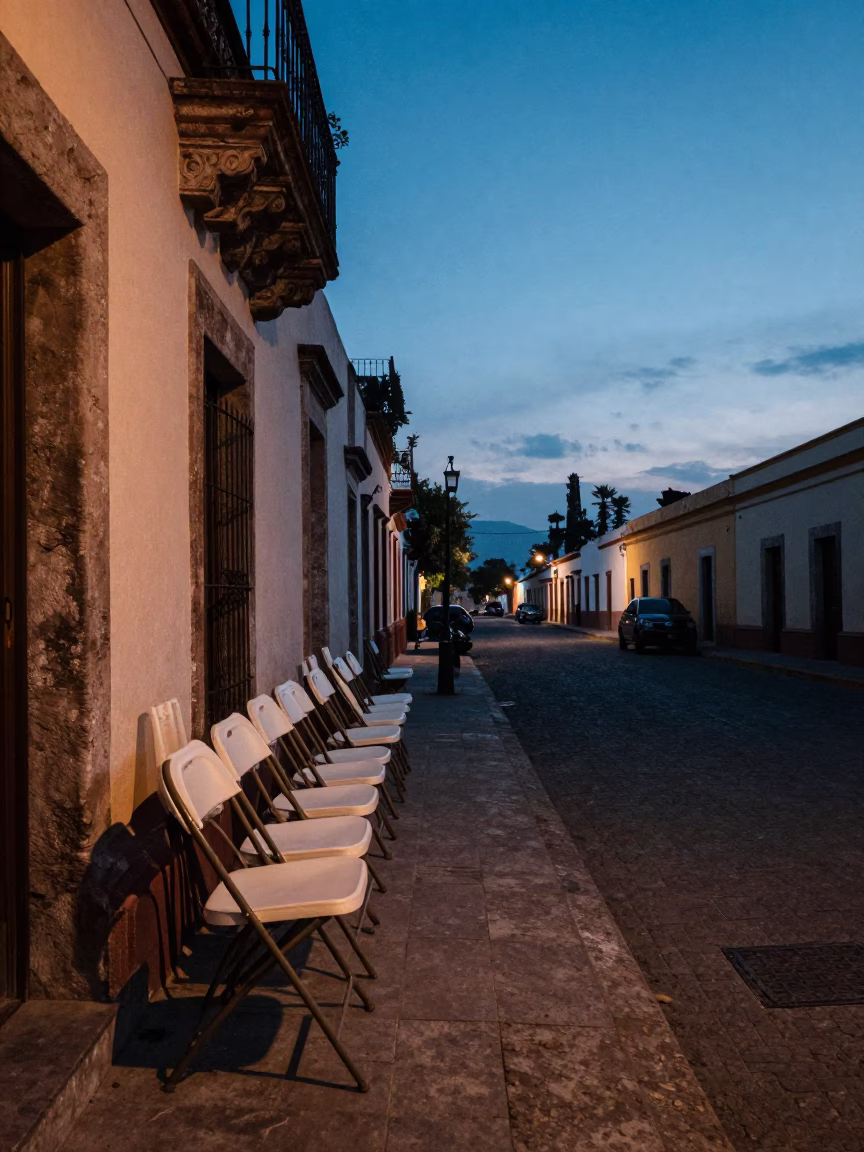 Pre-dawn Oaxaca street scene with empty folding chairs and street vendor cart in in Oaxaca, Mexico