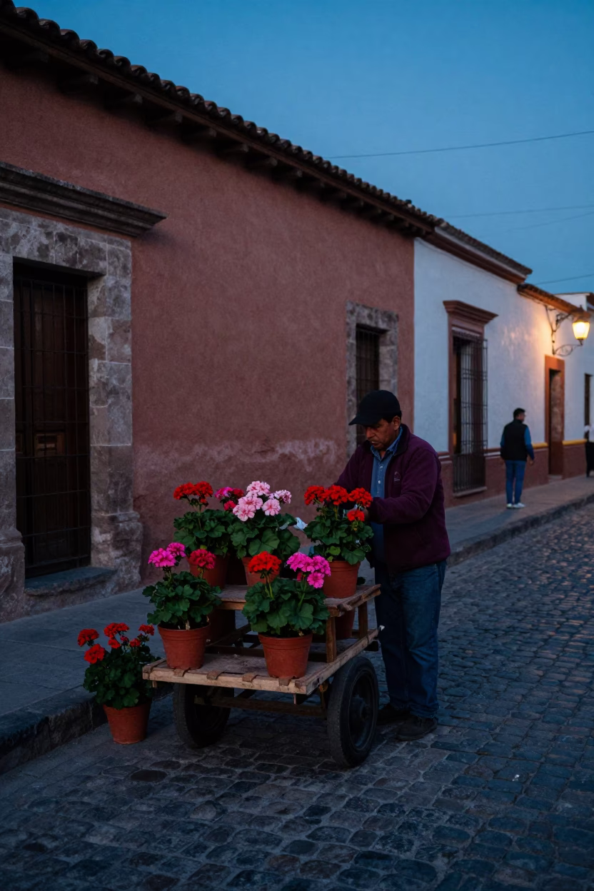Pre-Dawn Oaxaca Street Scene with Potted Geraniums and Local Market Activity in in Oaxaca, Mexico