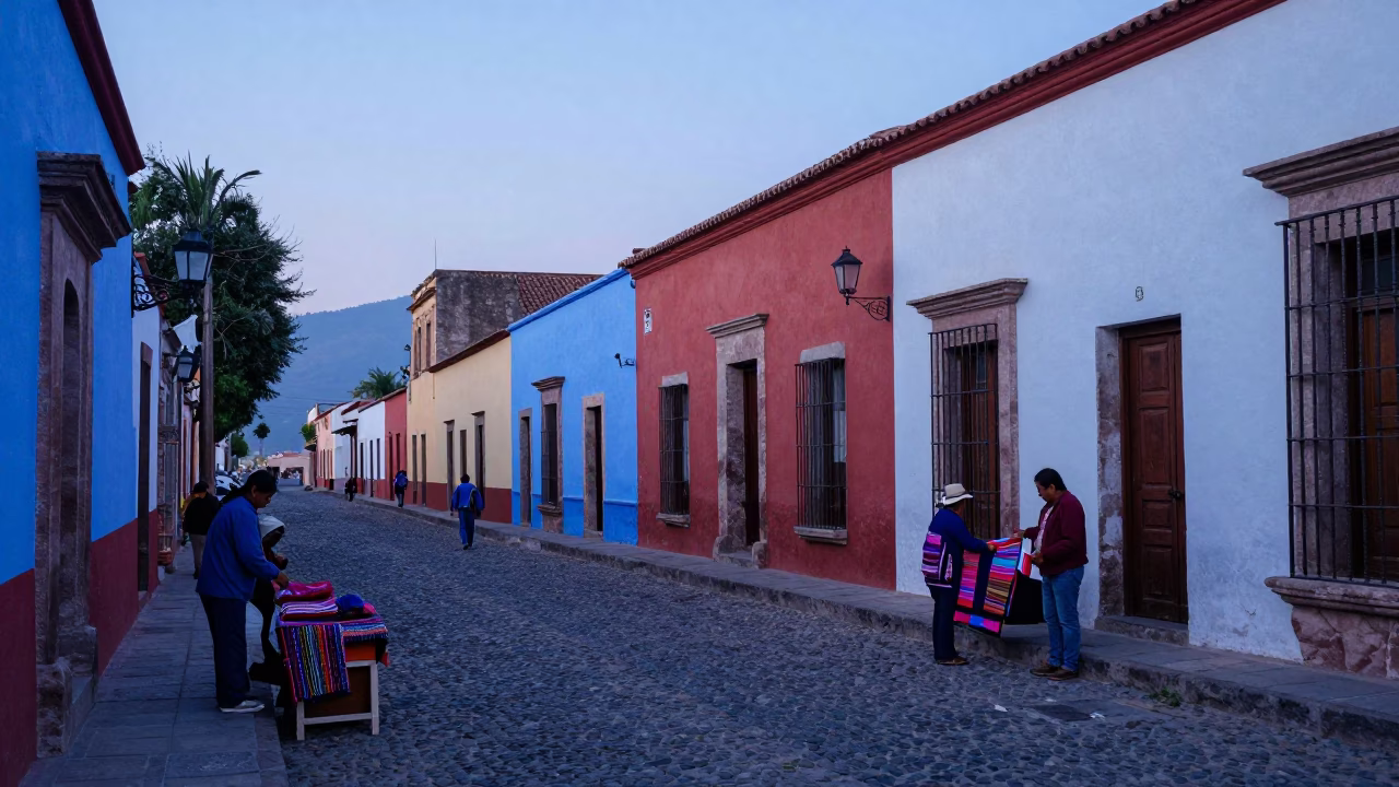 Pre-Dawn Oaxaca Street Scene with Vibrant Textiles and Local Commerce Before Sunrise in in Oaxaca, Mexico