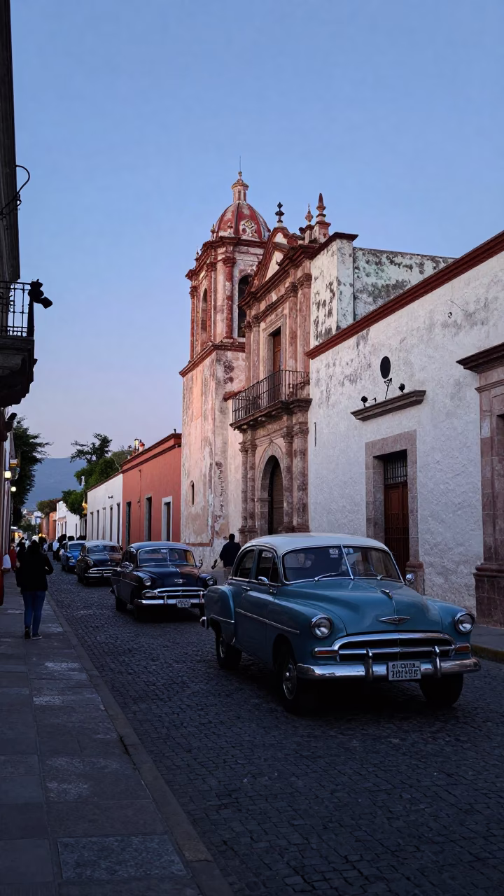Pre-Dawn Oaxaca Street Scene with Vintage Car Rally and Rusty Wall Shadows in in Oaxaca, Mexico