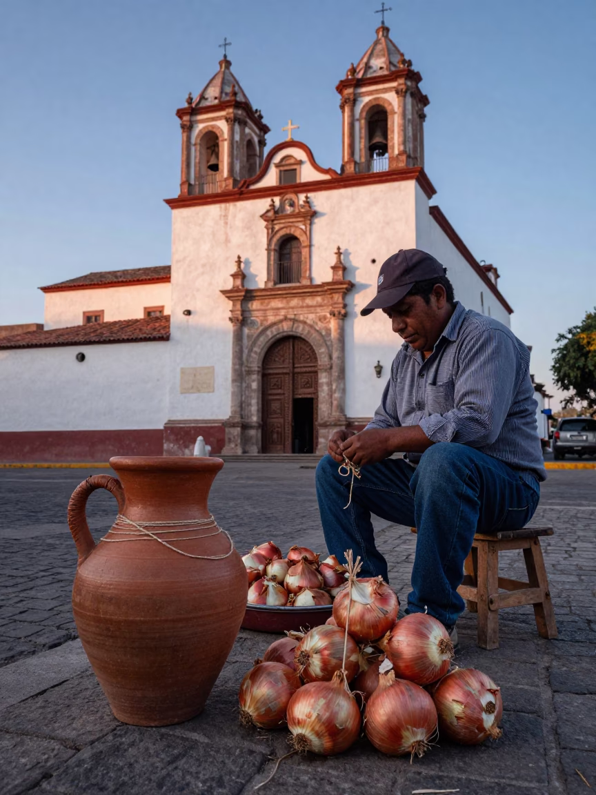 Pre-dawn Oaxaca street vendor preparing onions with twine wrapped pottery near colonial church in in Oaxaca, Mexico