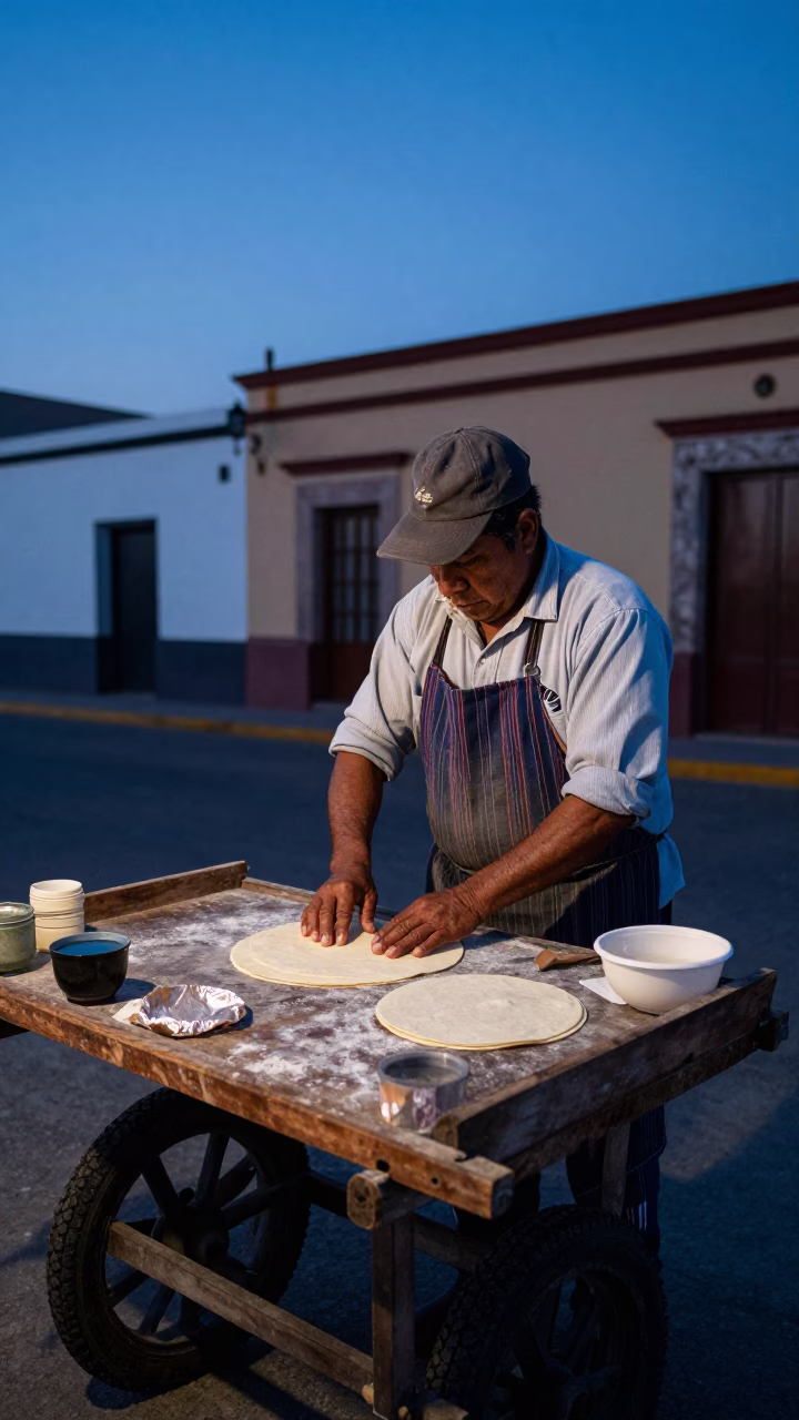 Pre-Dawn Oaxaca Street Vendor Preparing Traditional Corn Tortillas with Clay Comal in in Oaxaca, Mexico