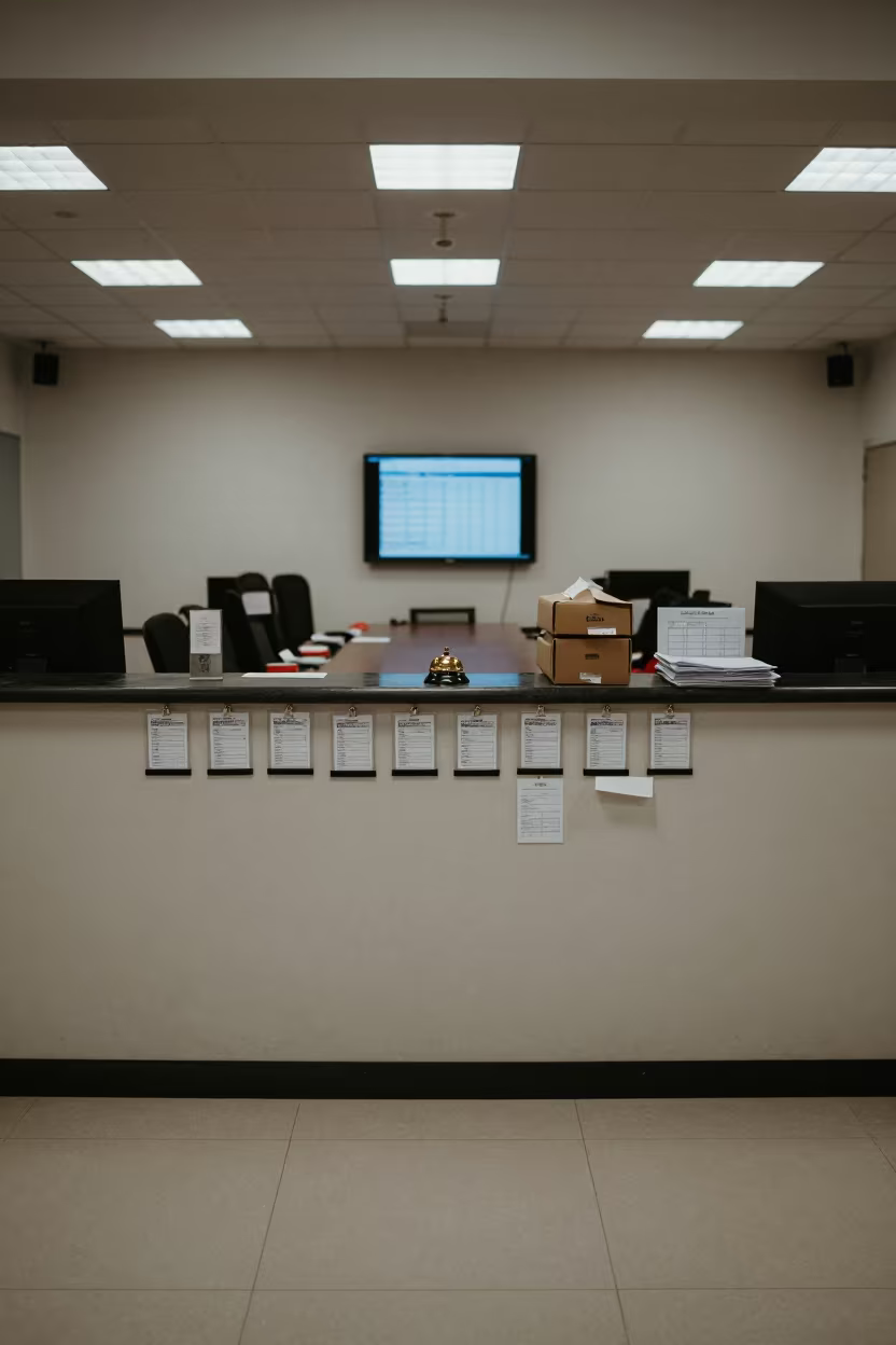 Pre-Dawn Office Reception Desk with Badges and Bell in at an office reception desk near Konya