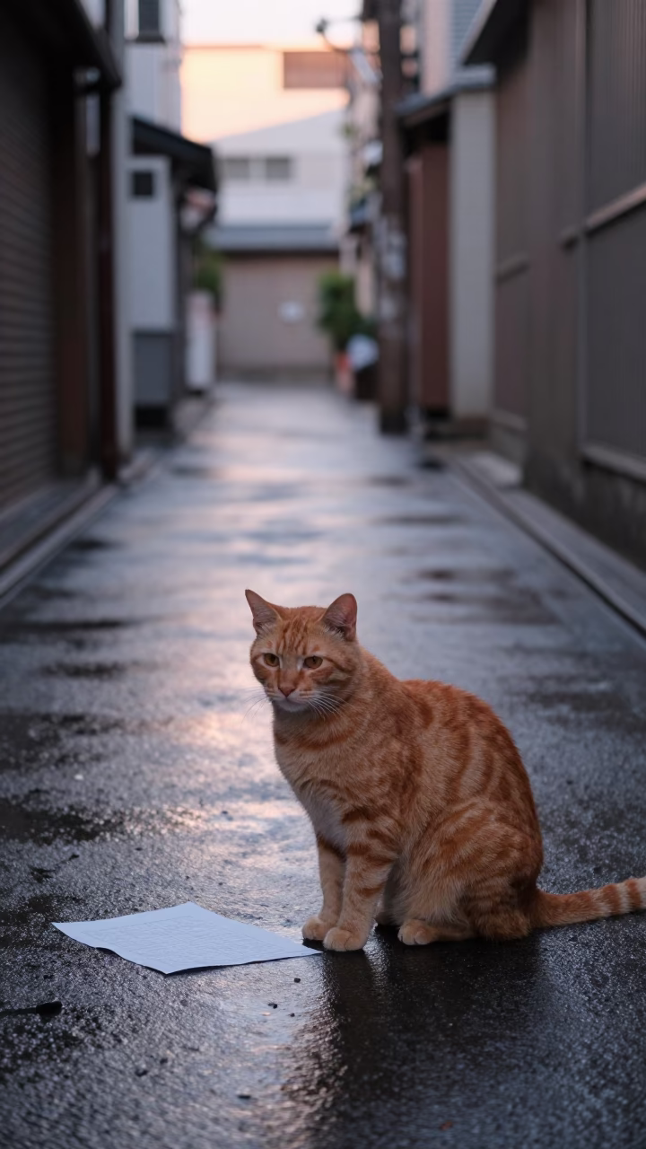 Pre-dawn Osaka alleyway scene with ginger cat and paper lantern in in Osaka, Japan