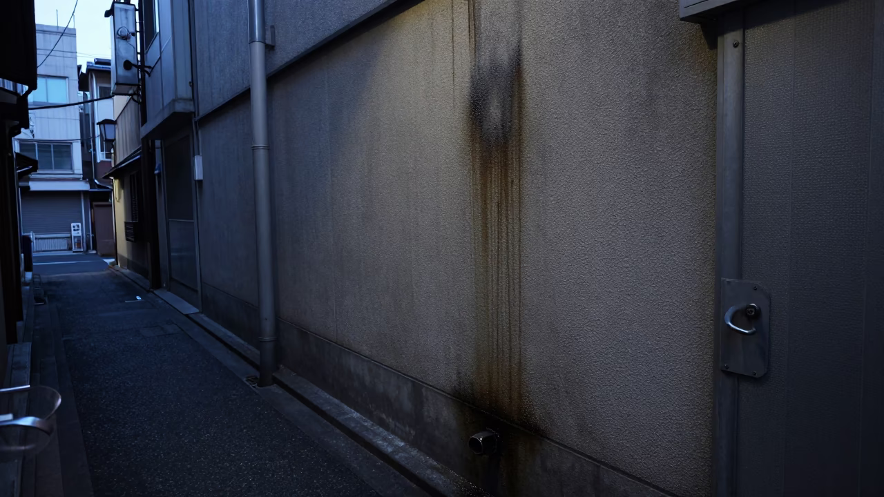 Pre-dawn Osaka Alleyway with Grease Stained Wall and Metal Door Latch in in Osaka, Japan