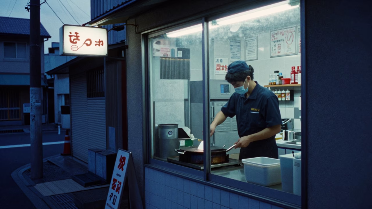 Pre-dawn Osaka Street Scene with Convenience Store Light and Spatula on Counter in in Osaka, Japan