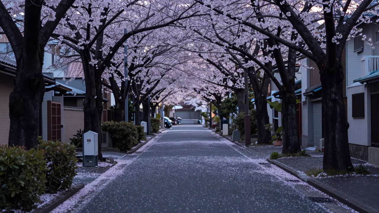 Pre-dawn Osaka street scene with fallen cherry blossoms and urban details in in Osaka, Japan