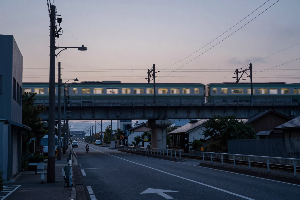 Pre-dawn Osaka Street Scene with Railway Viaduct and Morning Routine in in Osaka, Japan