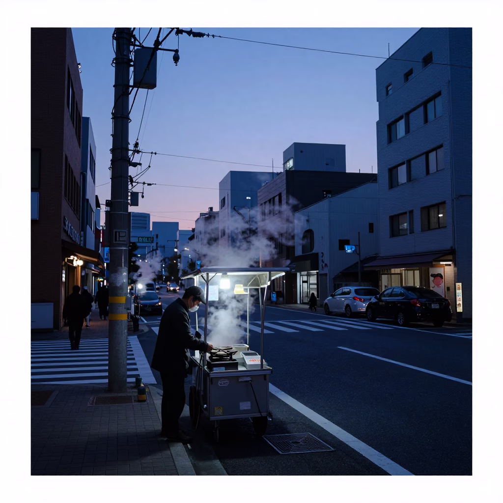 Pre-dawn Osaka Street Scene with Steam and Urban Infrastructure in in Osaka, Japan