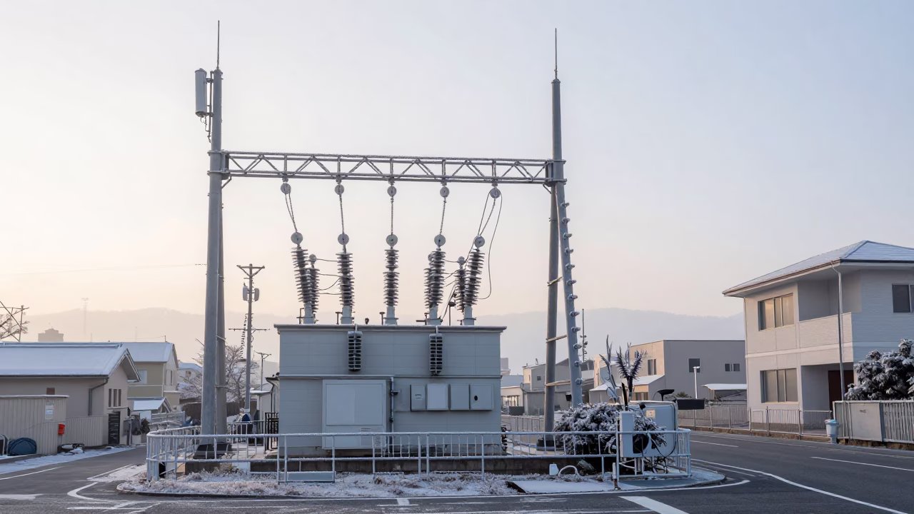 Pre-dawn Osaka street scene with transmission substation and hoarfrost in 1960s Japan in in Osaka, Japan