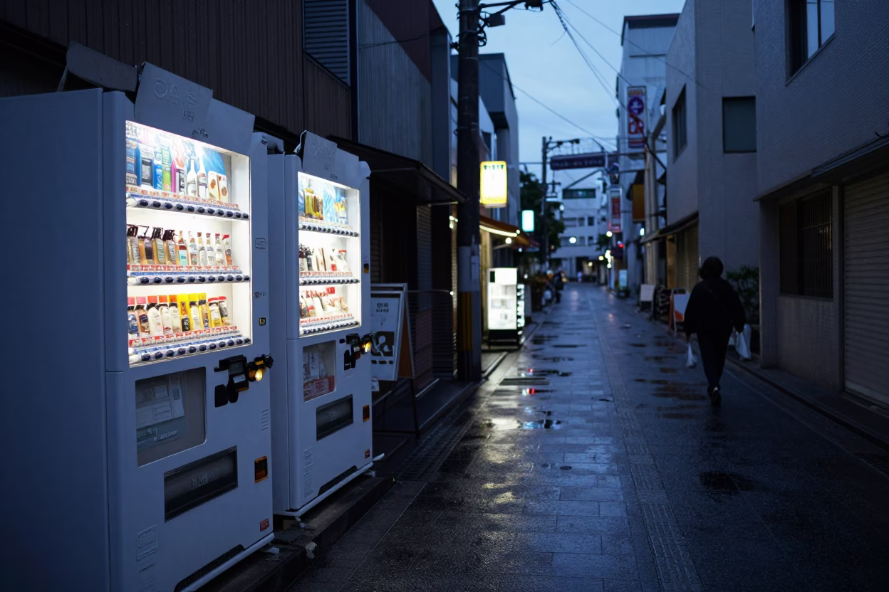 Pre-dawn Osaka street scene with vending machines and quiet urban architecture in in Osaka, Japan