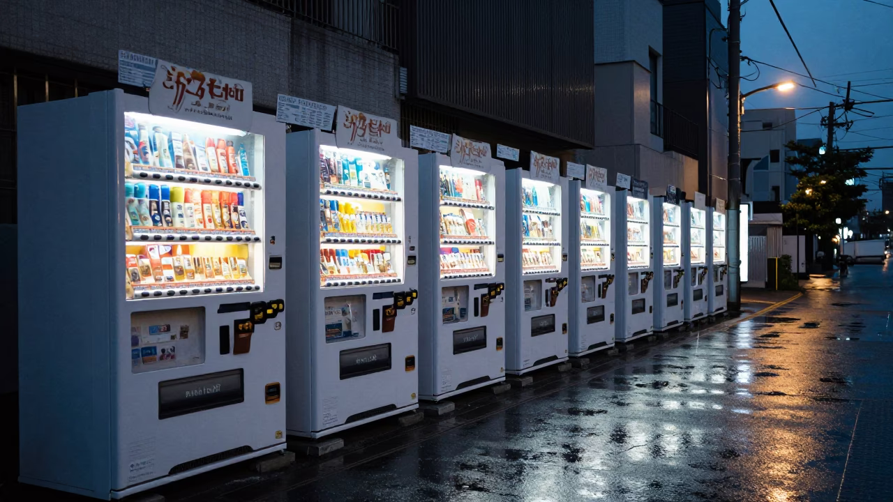 Pre-dawn Osaka street scene with vending machines and wet pavement in in Osaka, Japan