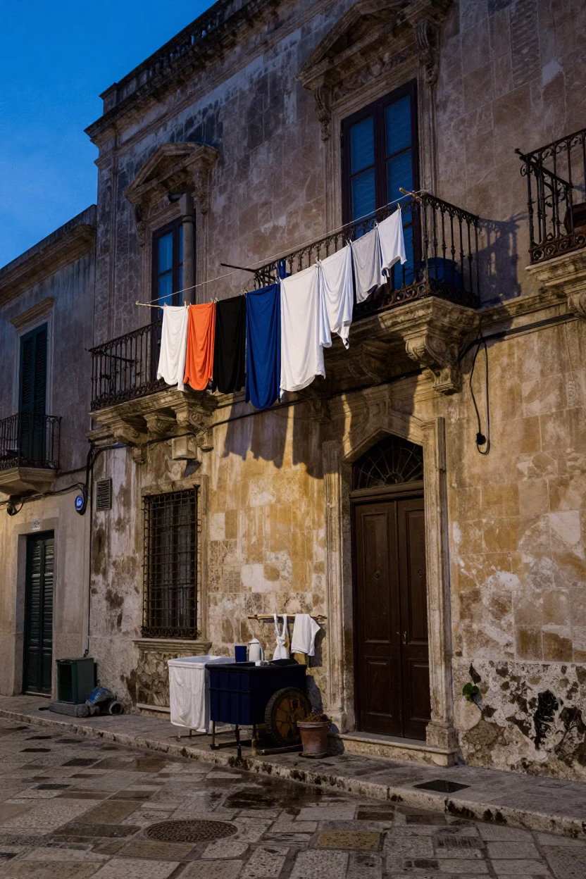 Pre-dawn Palermo street corner with laundry and wet stone walls in in Palermo, Italy