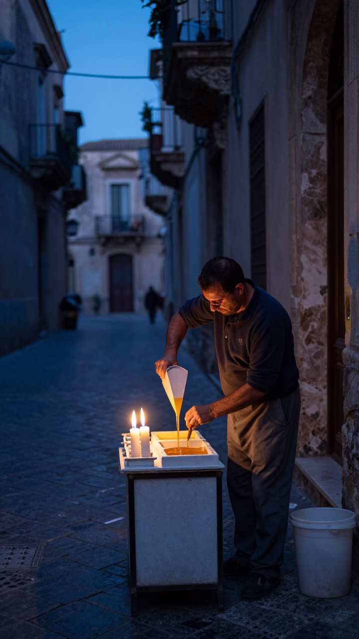 Pre-dawn Palermo street scene with artisan candle making and historic architecture in in Palermo, Italy