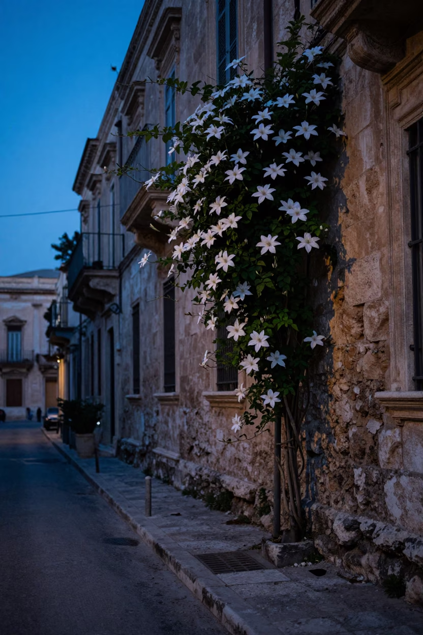 Pre-Dawn Palermo Street Scene with Clematis Vine and Stone Wall in in Palermo, Italy