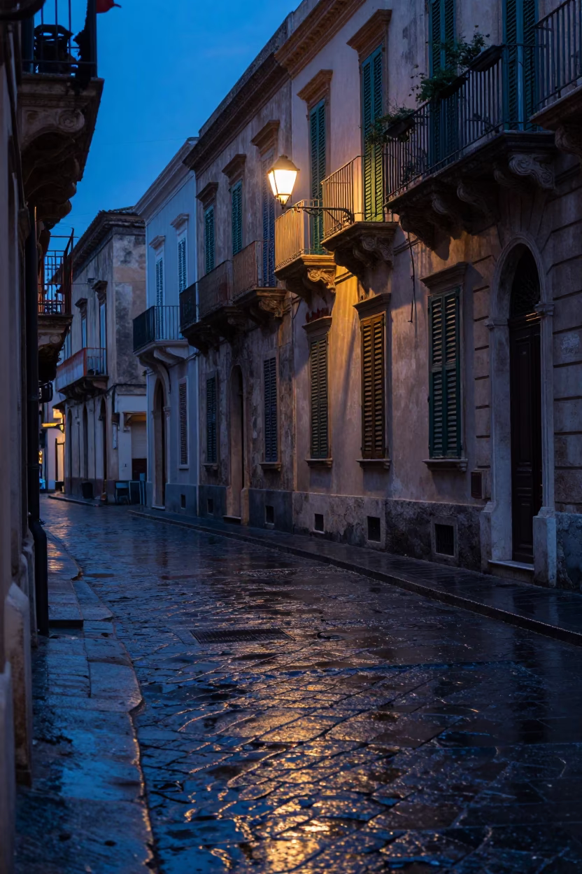 Pre-dawn Palermo street scene with colorful shutters and damp cobblestones before dawn in in Palermo, Italy