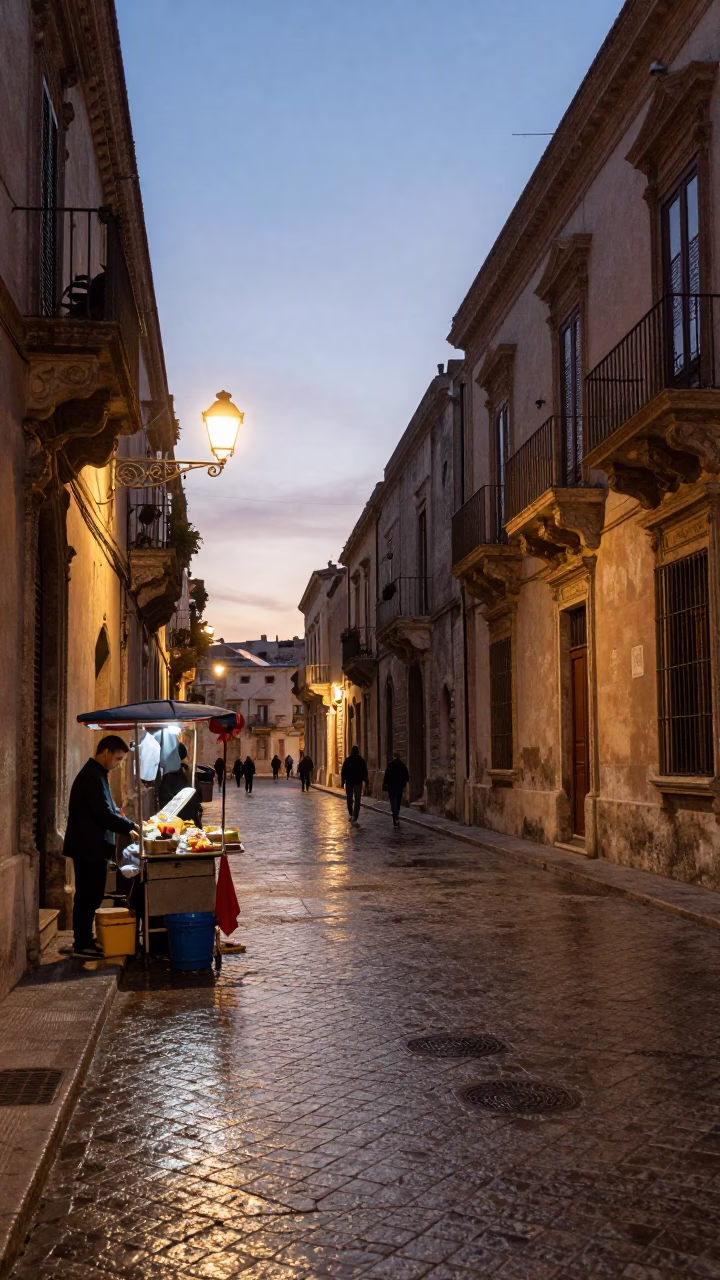 Pre-dawn Palermo street scene with early morning vendor and terracotta bowl in in Palermo, Italy