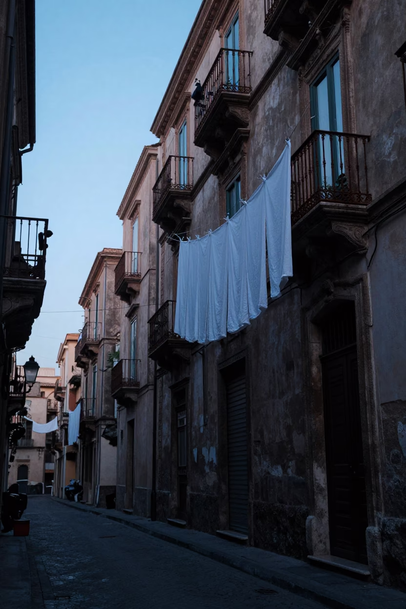 Pre-dawn Palermo street scene with hanging laundry and historic stone architecture in in Palermo, Italy