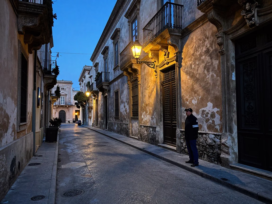 Pre-dawn Palermo street scene with night watchman and lantern illuminating historic architecture in in Palermo, Italy