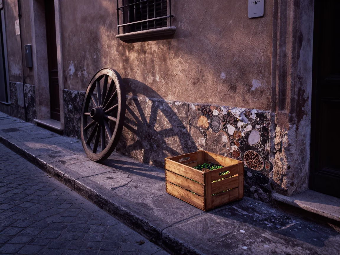 Pre-Dawn Palermo Street Scene with Olives and Castor Wheel on Cobblestone in in Palermo, Italy