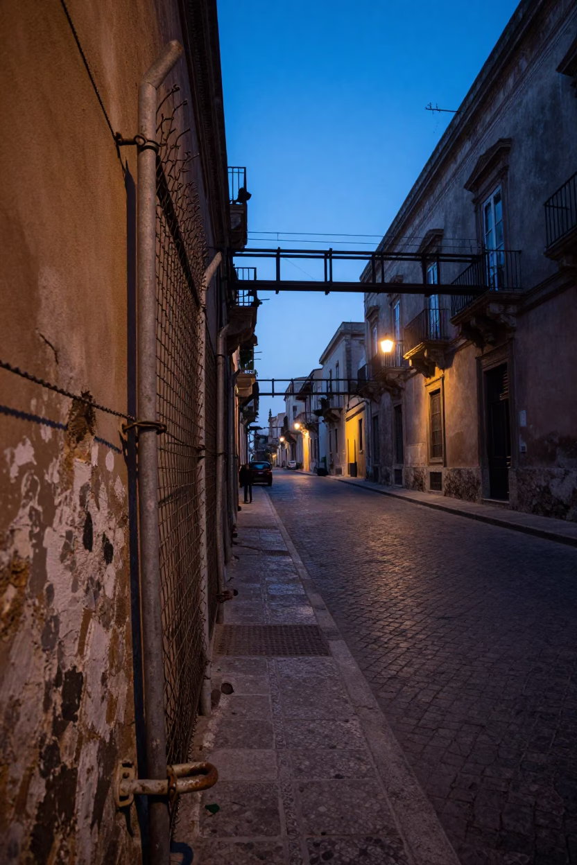 Pre-dawn Palermo Street Scene with Turnbuckle and Monorail Infrastructure in Italy in in Palermo, Italy